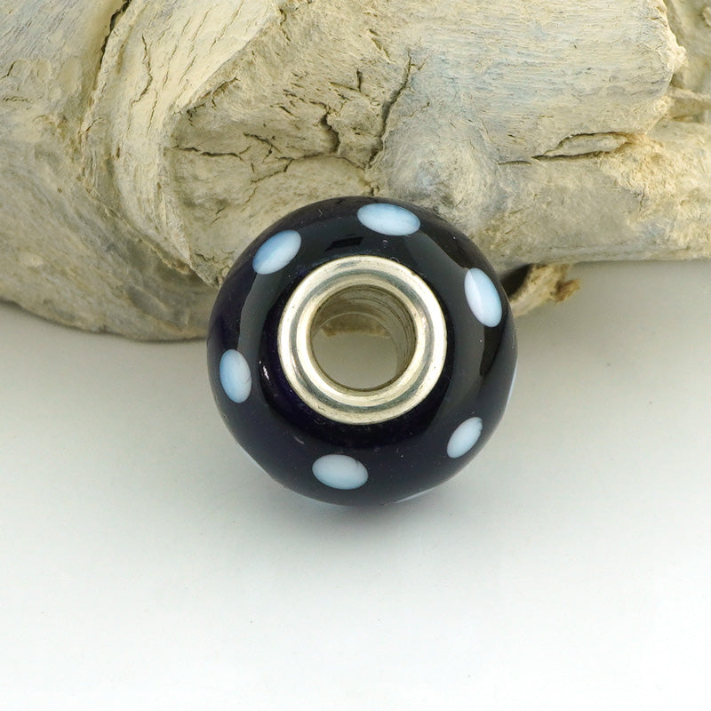 White and Purple Polka Dot Silver Cored Glass Charm Bead
