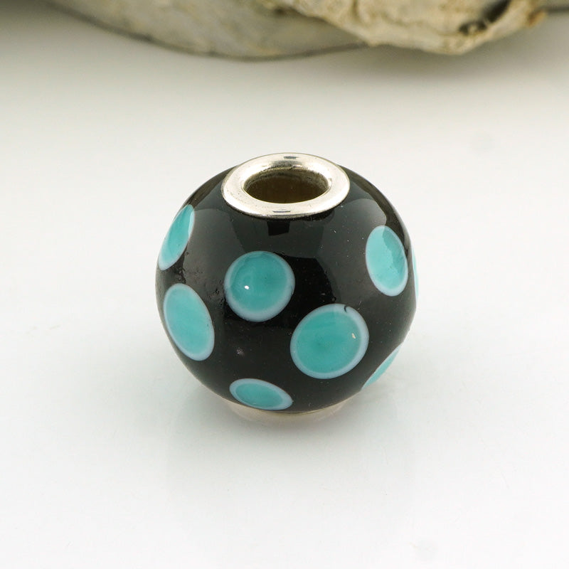 Aqua Polka Dot Silver Cored Glass Charm Bead