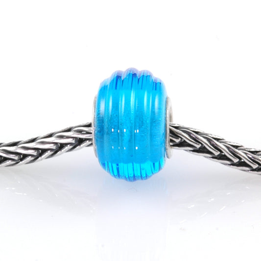 European Charm Bead Big Hole Lampwork Glass Aqua Blue Ribbed Silver Core
