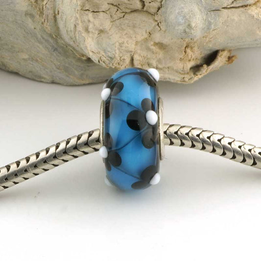 Blue & Black Floral Lattice Silver Cored Charm Bead
