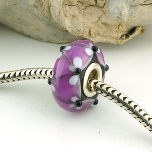 Theia (gold violet) & Black Floral Lattice Silver Cored Charm Bead