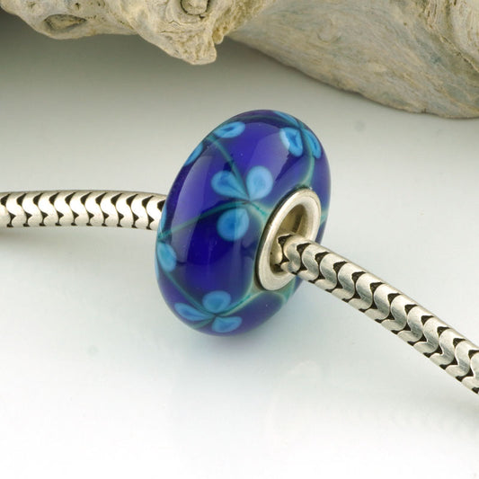 Iris Blue & Turquoise Floral Lattice Silver Cored Charm Bead