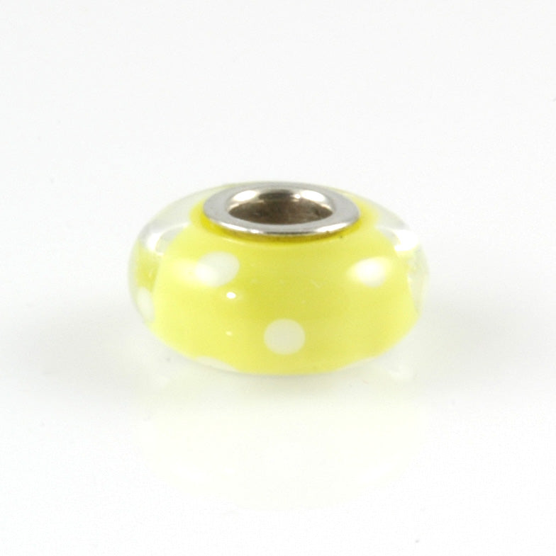 White Polka Dots on Transparent Yellow Silver Cored Glass Charm Bead