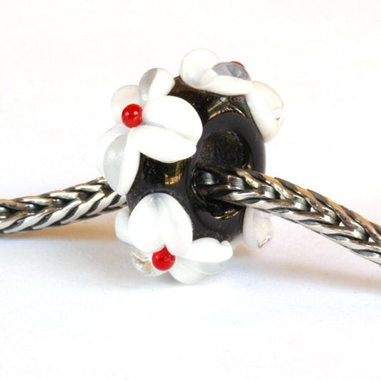 Big Hole Lampwork Glass Bead Black, White and Red Flowers