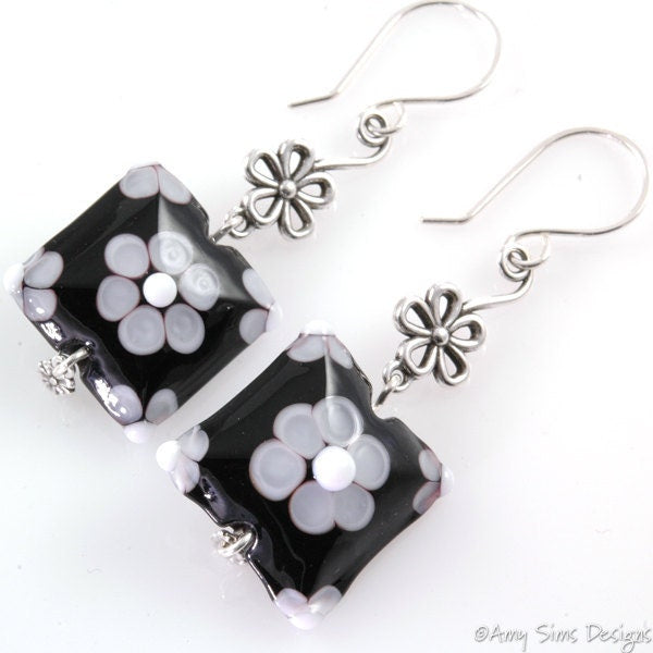 Quilted Flower Earrings Sterling Silver Black and White Lampwork