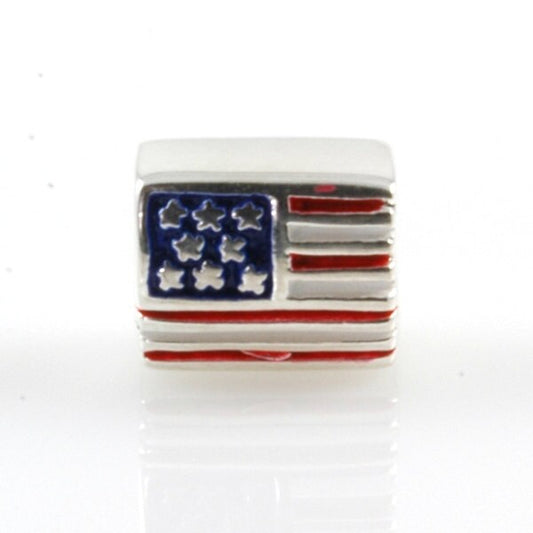 USA Flag Bead Sterling Silver and Enamel Big Hole Charm Bead X0226