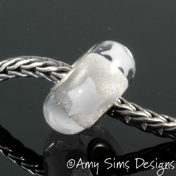 White Stars Glass Big Hole Bead Artisan Lampwork SRA