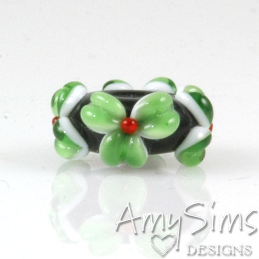 Handmade European Charm Bead Green & Red Big Hole Lampwork Glass Flower Bead