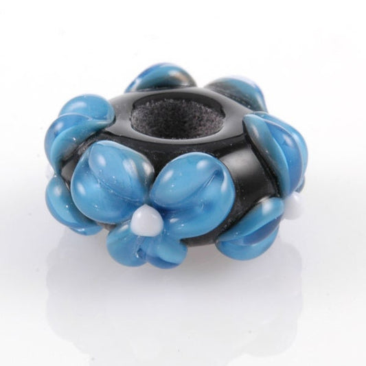 European Charm Bead Big Hole Lampwork Glass Blue Flower Bead