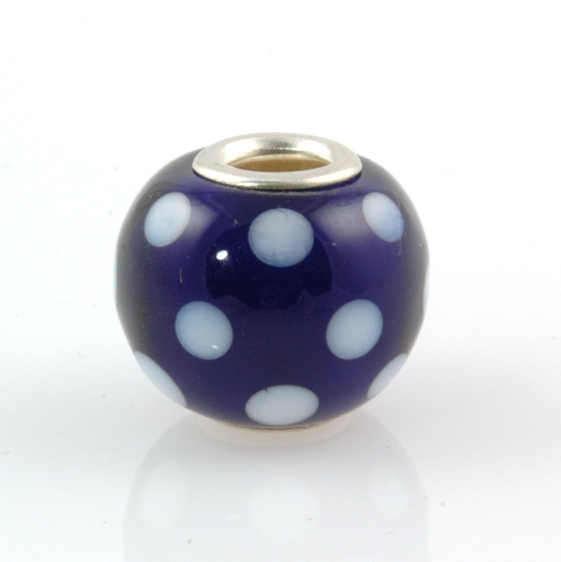 White and Purple Polka Dot Silver Cored Glass Charm Bead