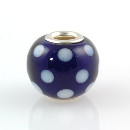 White and Purple Polka Dot Silver Cored Glass Charm Bead