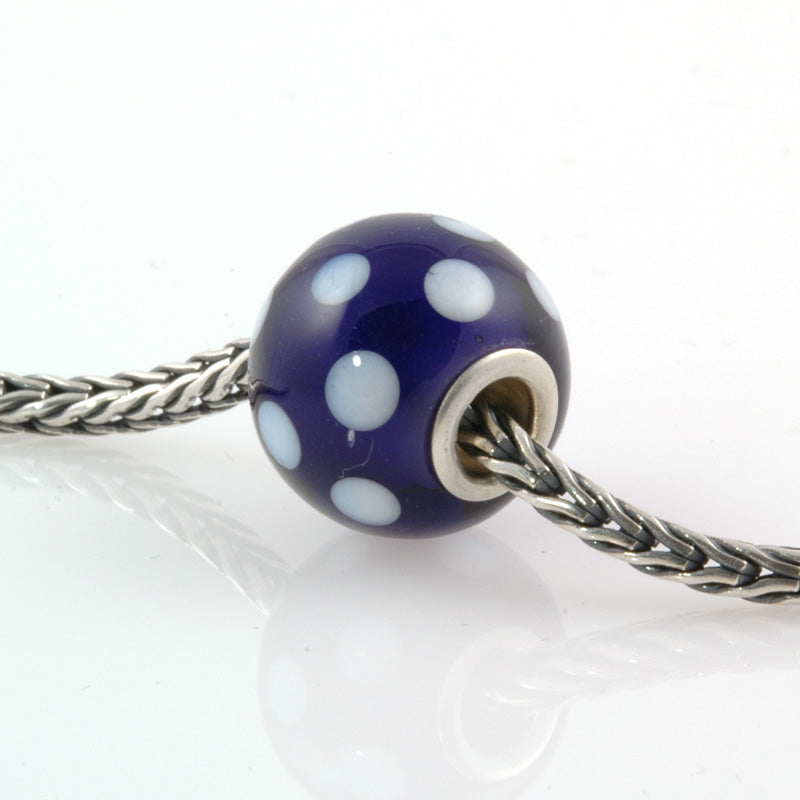 White and Purple Polka Dot Silver Cored Glass Charm Bead