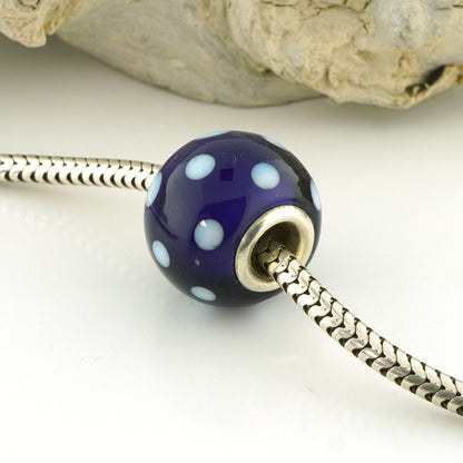 White and Purple Polka Dot Silver Cored Glass Charm Bead