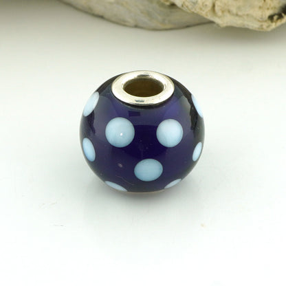 White and Purple Polka Dot Silver Cored Glass Charm Bead