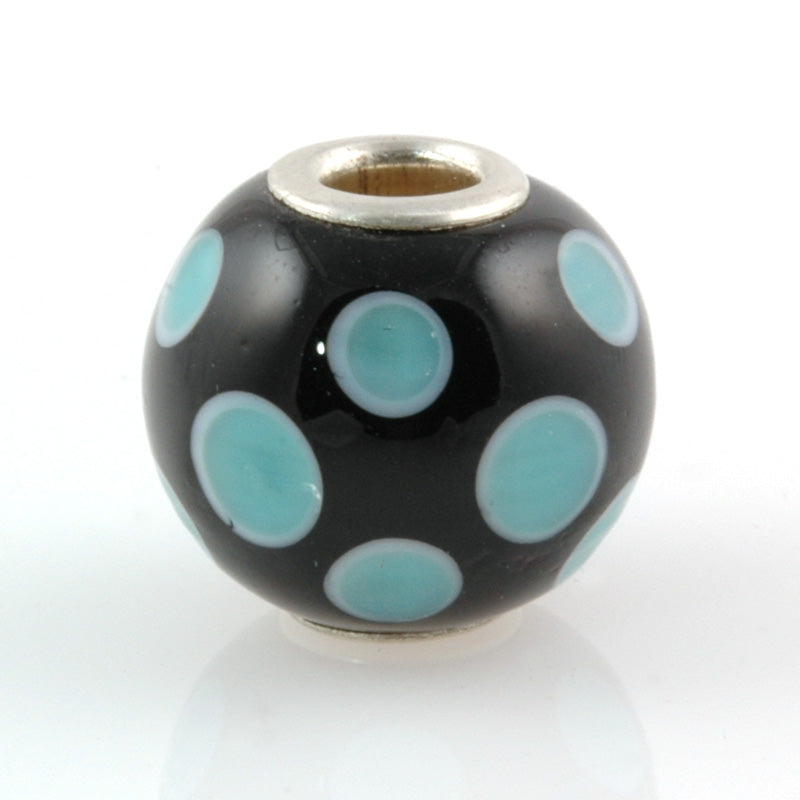 Aqua Polka Dot Silver Cored Glass Charm Bead