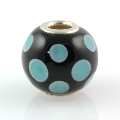 Aqua Polka Dot Silver Cored Glass Charm Bead