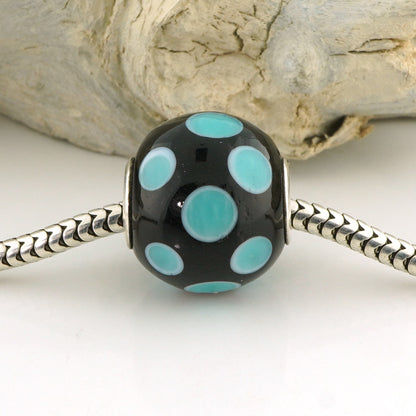 Aqua Polka Dot Silver Cored Glass Charm Bead