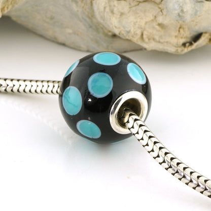 Aqua Polka Dot Silver Cored Glass Charm Bead