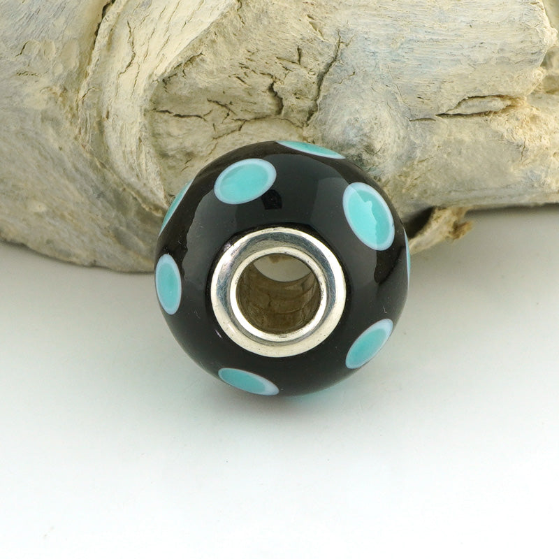 Aqua Polka Dot Silver Cored Glass Charm Bead