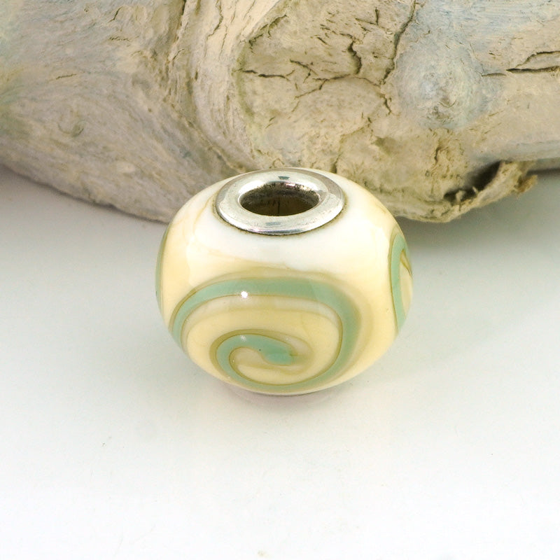 Aqua Swirls on Ivory Silver Cored Glass Charm Bead
