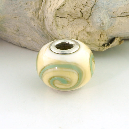 Aqua Swirls on Ivory Silver Cored Glass Charm Bead