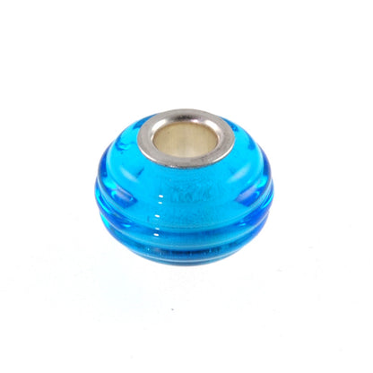 European Charm Bead Big Hole Lampwork Glass Aqua Blue Ribbed Silver Core
