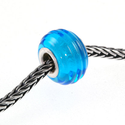 European Charm Bead Big Hole Lampwork Glass Aqua Blue Ribbed Silver Core