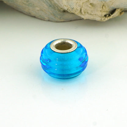 European Charm Bead Big Hole Lampwork Glass Aqua Blue Ribbed Silver Core