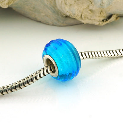 European Charm Bead Big Hole Lampwork Glass Aqua Blue Ribbed Silver Core