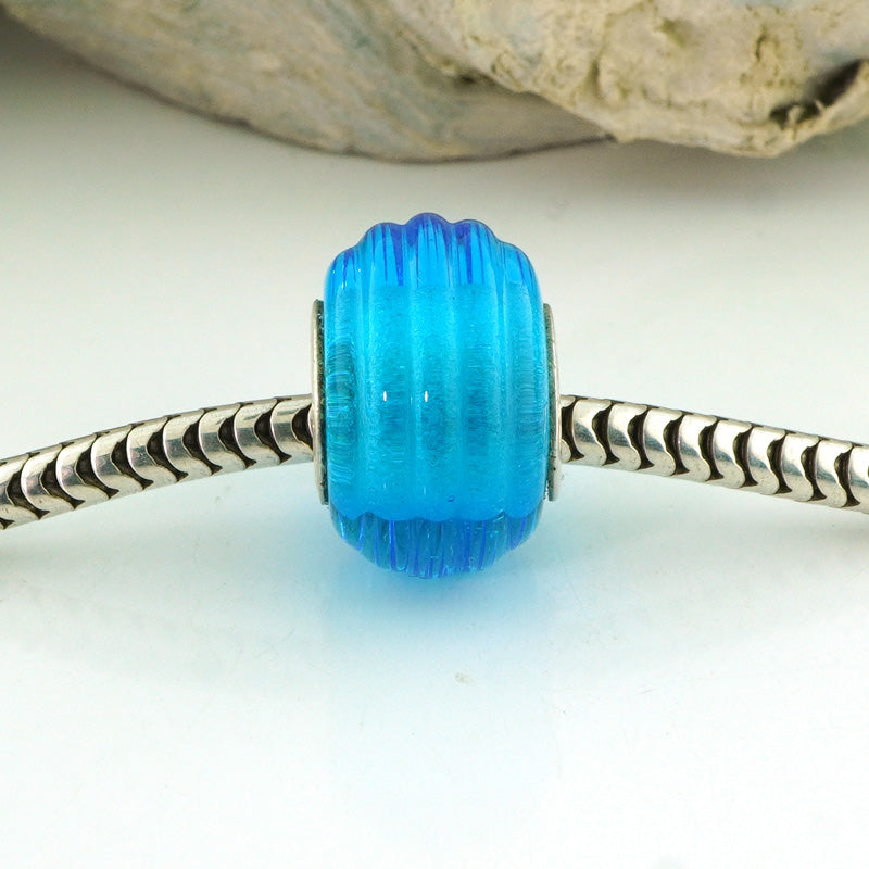 European Charm Bead Big Hole Lampwork Glass Aqua Blue Ribbed Silver Core
