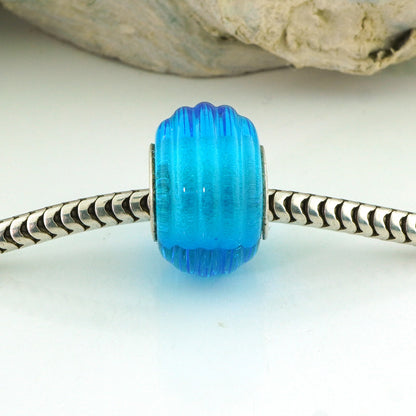 European Charm Bead Big Hole Lampwork Glass Aqua Blue Ribbed Silver Core
