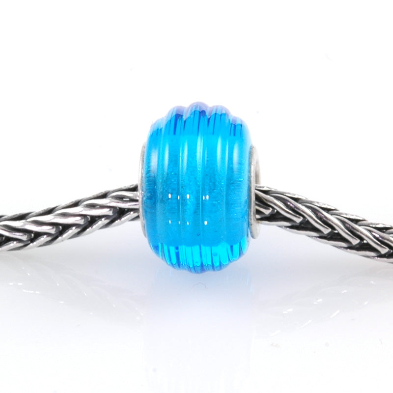 European Charm Bead Big Hole Lampwork Glass Aqua Blue Ribbed Silver Core
