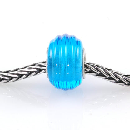 European Charm Bead Big Hole Lampwork Glass Aqua Blue Ribbed Silver Core