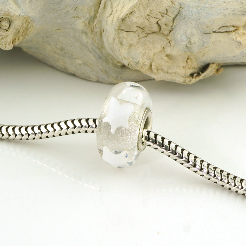 White Stars Silver Cored Glass Charm Bead