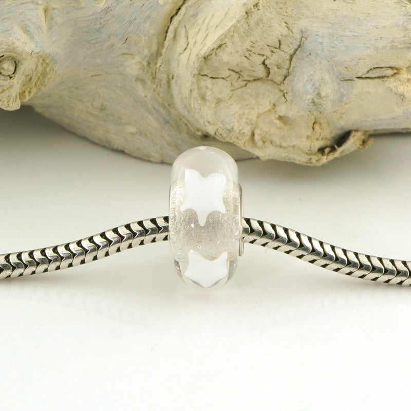 White Stars Silver Cored Glass Charm Bead