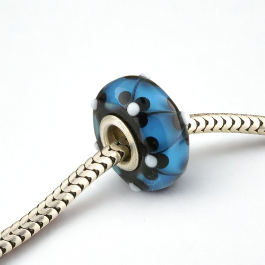 Blue & Black Floral Lattice Silver Cored Charm Bead