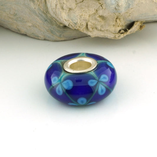 Iris Blue & Turquoise Floral Lattice Silver Cored Charm Bead
