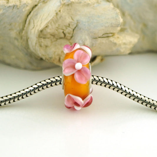Pink Topaz Raised Flower Silver Cored Charm Bead (BHB74)