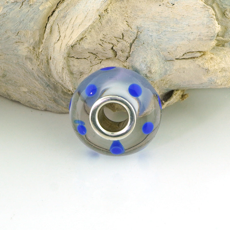 Lapis Polka Dots on Clear Silver Cored Glass Charm Bead