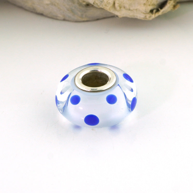 Lapis Polka Dots on Clear Silver Cored Glass Charm Bead
