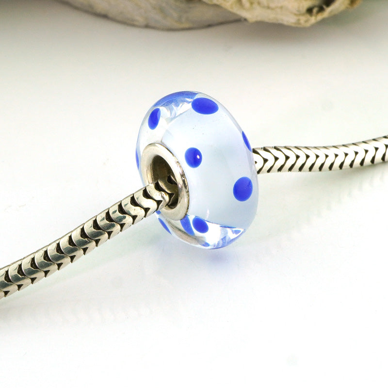 Lapis Polka Dots on Clear Silver Cored Glass Charm Bead