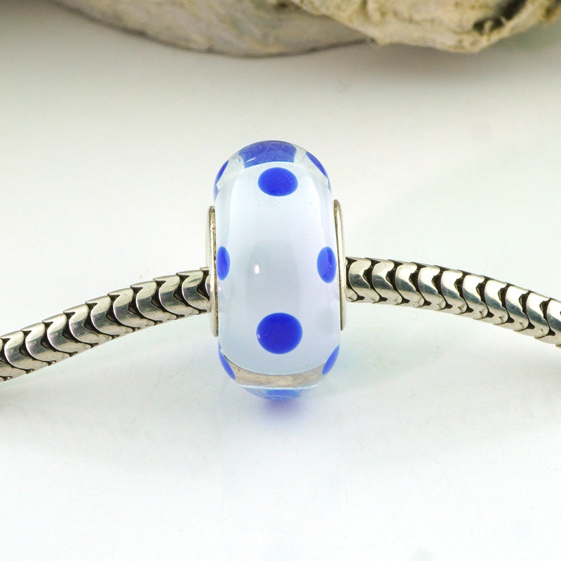 Lapis Polka Dots on Clear Silver Cored Glass Charm Bead