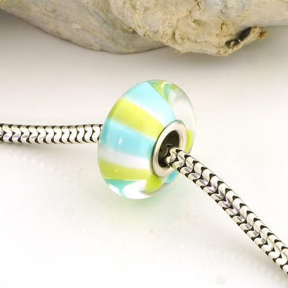 Aqua & Lime Striped Silver Cored Charm Bead