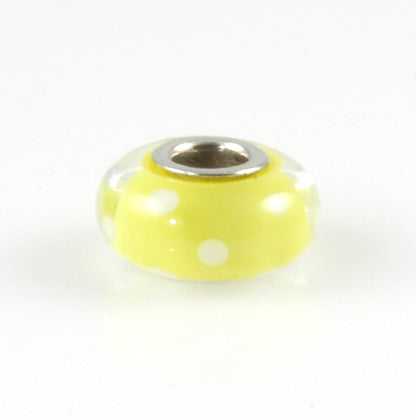 White Polka Dots on Transparent Yellow Silver Cored Glass Charm Bead