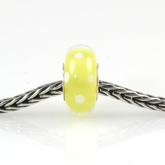 White Polka Dots on Transparent Yellow Silver Cored Glass Charm Bead