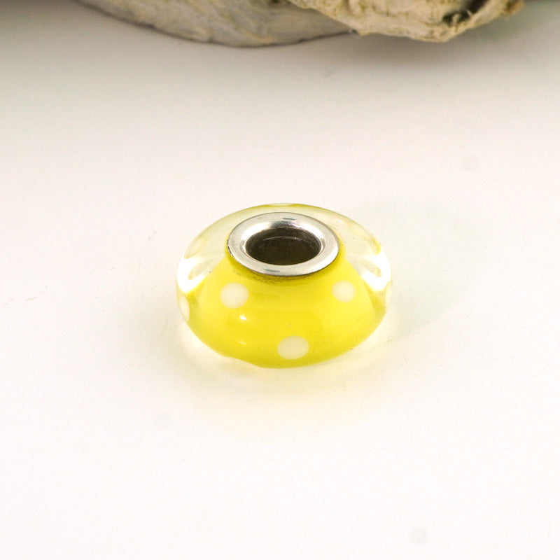 White Polka Dots on Transparent Yellow Silver Cored Glass Charm Bead