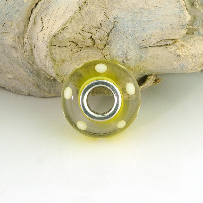 White Polka Dots on Transparent Yellow Silver Cored Glass Charm Bead