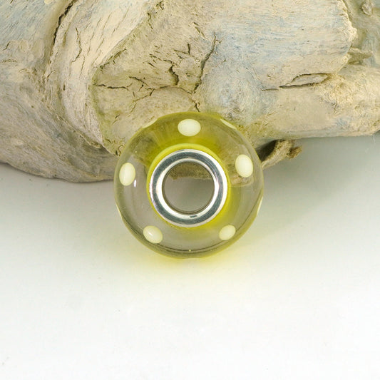 White Polka Dots on Transparent Yellow Silver Cored Glass Charm Bead