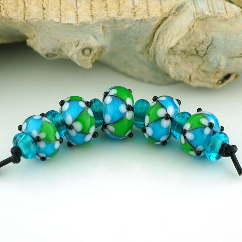Aqua and Green Floral Lattice Set of 11 beads (S959)