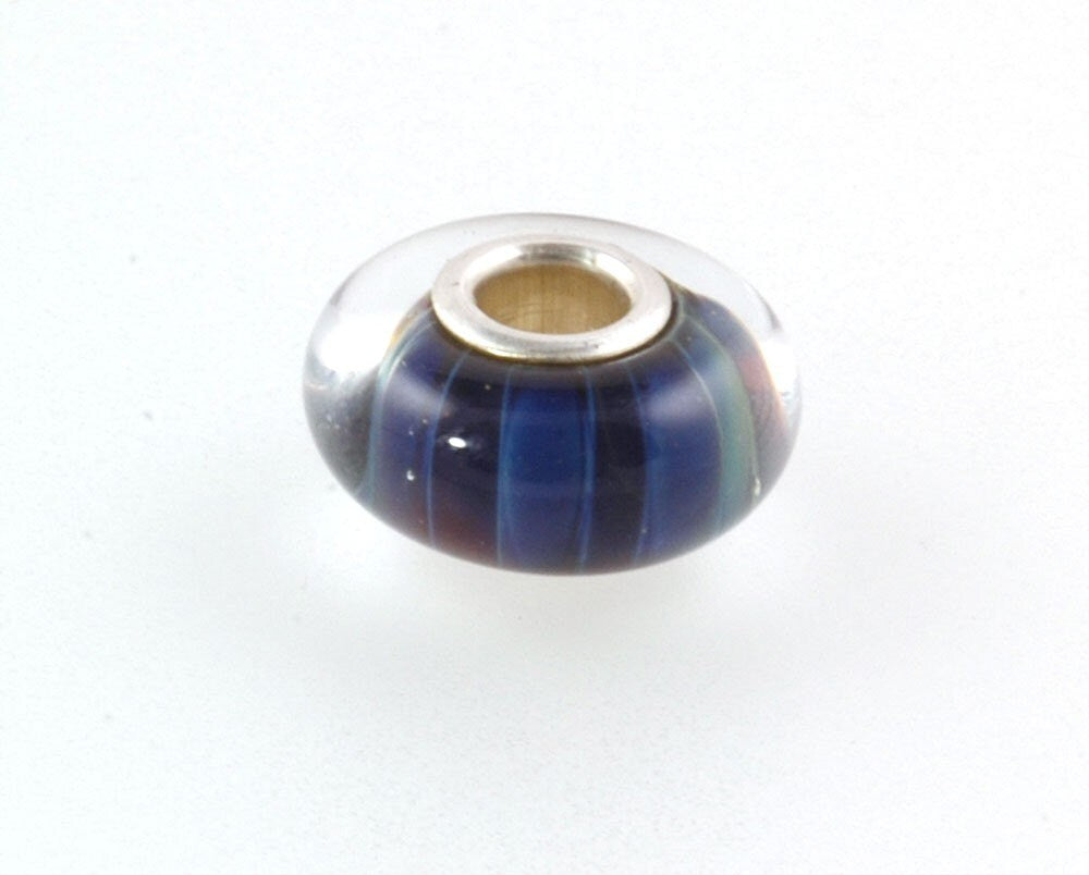 Silver Core Lampwork Glass Bead fits Pandora Blue Stripe